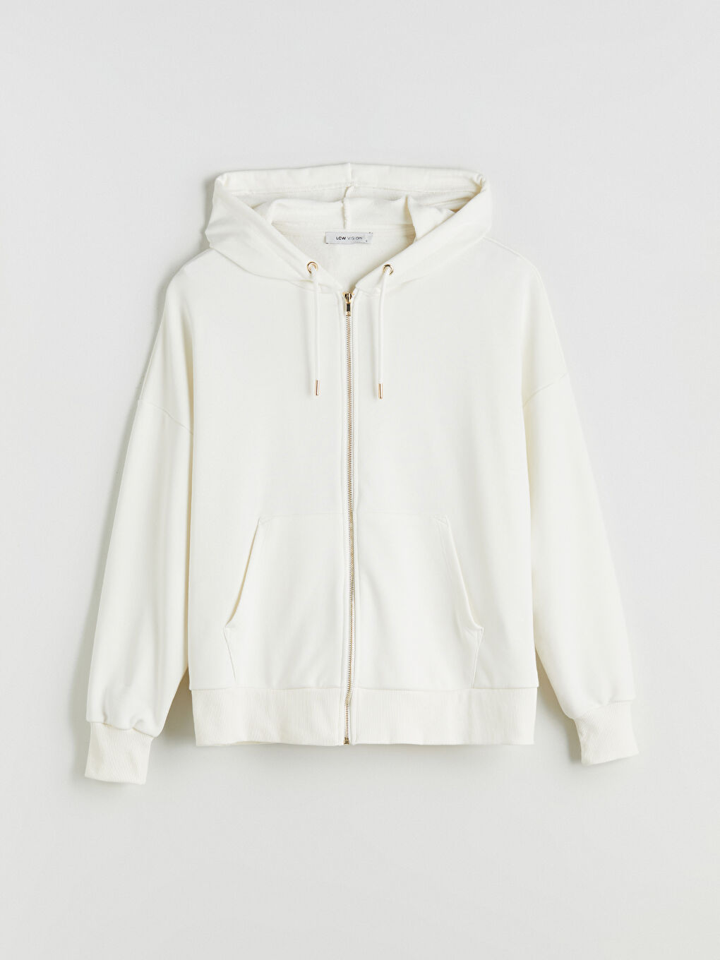 Ekru Kapüşonlu Oversize Kadın Fermuarlı Sweatshirt-4