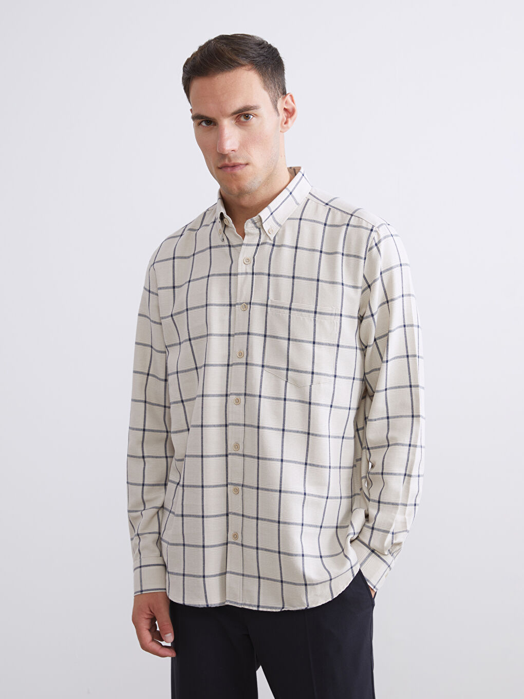 Bej Regular Fit Uzun Kollu Ekose Erkek Gömlek