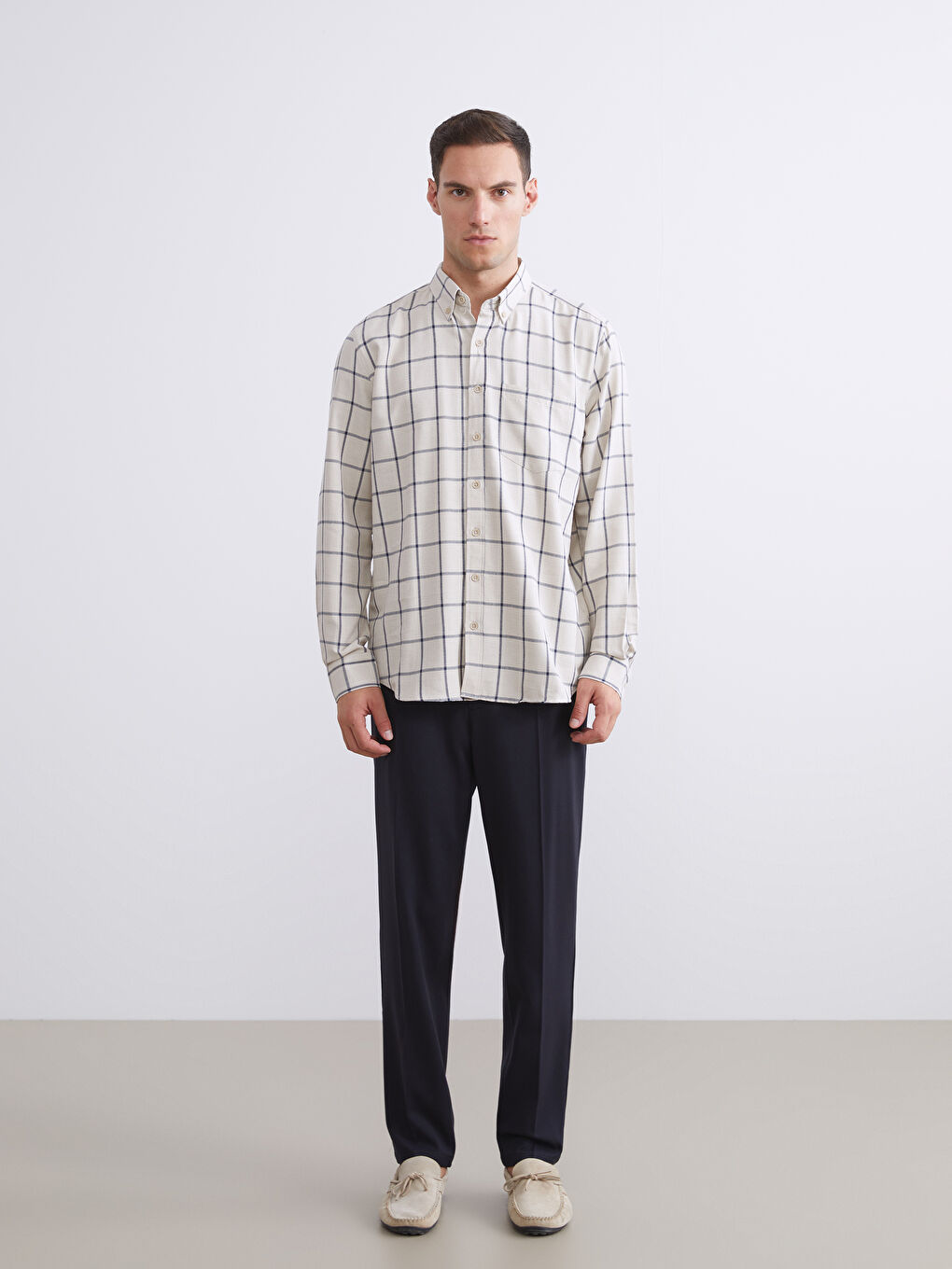 Bej Regular Fit Uzun Kollu Ekose Erkek Gömlek-1