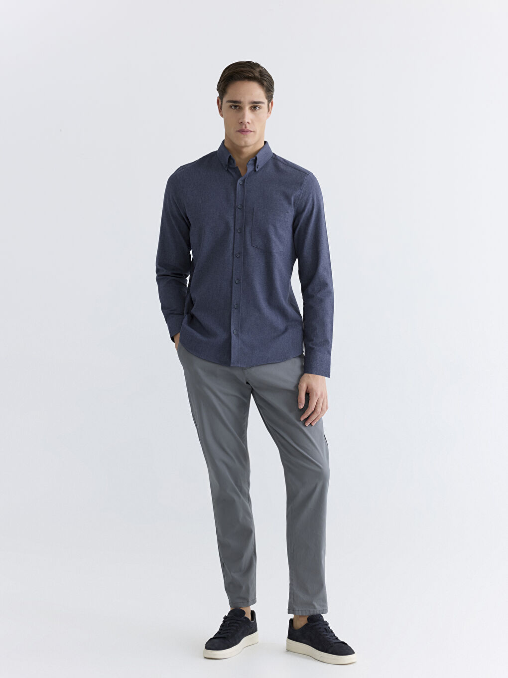 İndigo Regular Fit Uzun Kollu Armürlü Erkek Gömlek-1