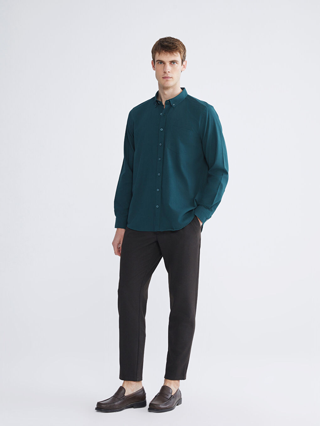 Petrol Regular Fit Uzun Kollu Armürlü Erkek Gömlek-1