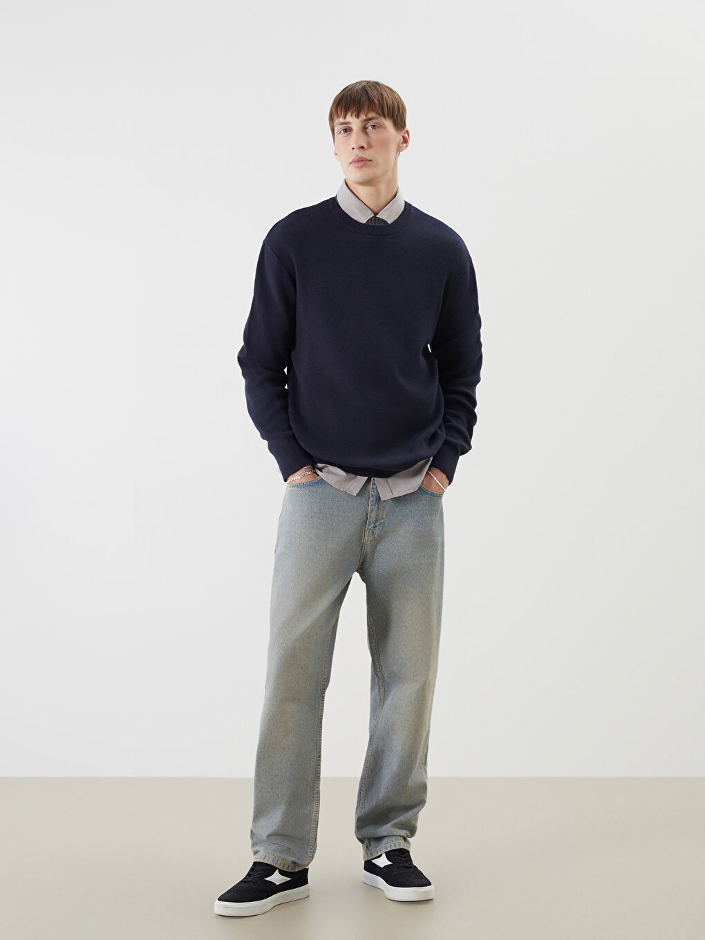 Crew Neck Long Sleeve Men's Tricot Sweater-1