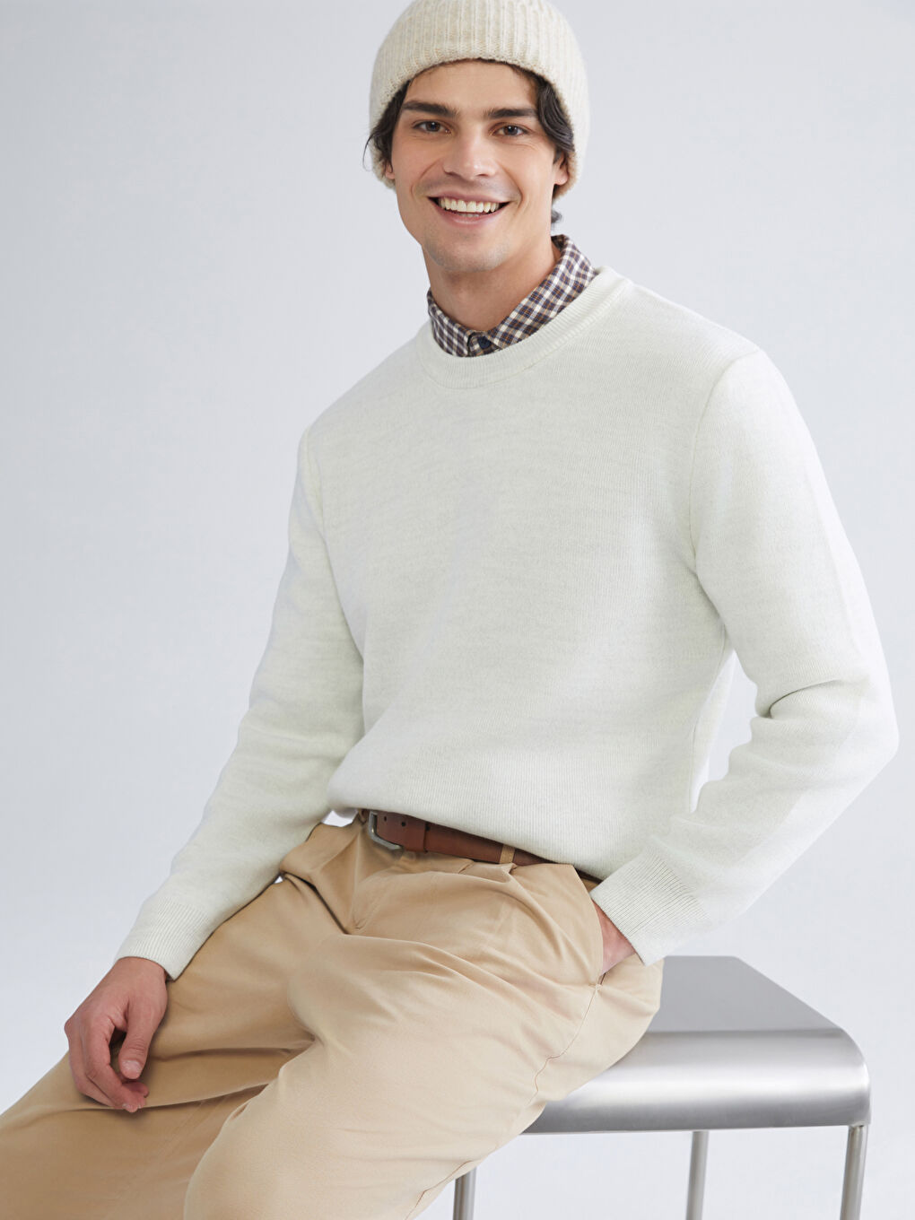 Bej Bisiklet Yaka Erkek Triko Kazak