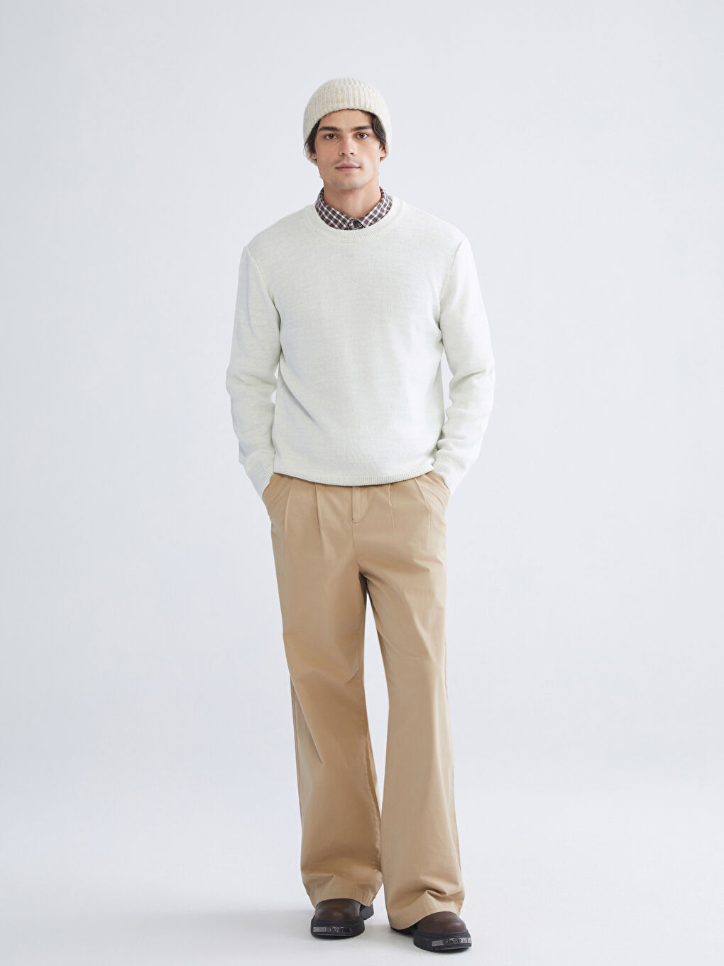 Bej Bisiklet Yaka Erkek Triko Kazak-1