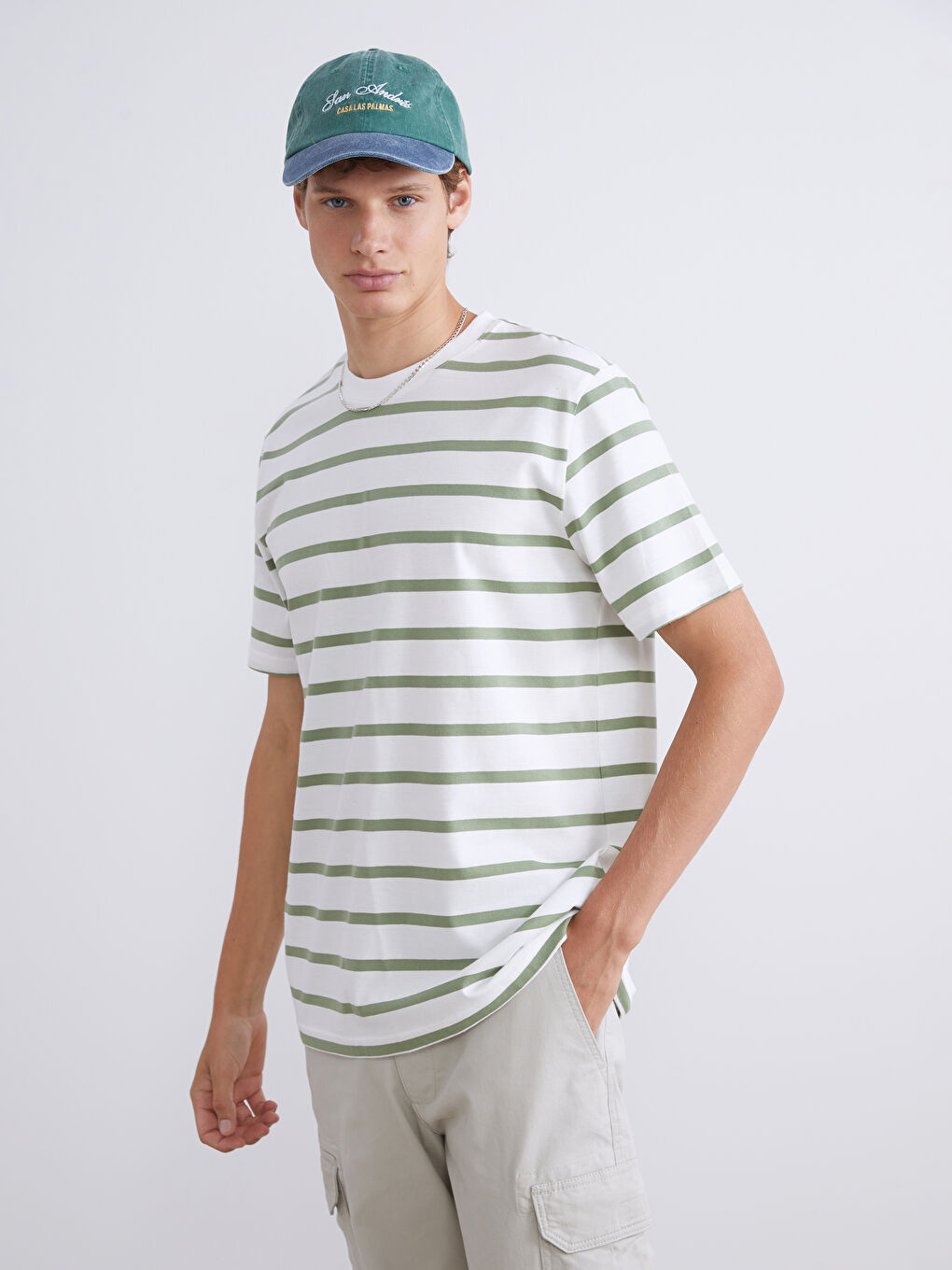 Yeşil Bisiklet Yaka Çizgili Penye Erkek Tişört