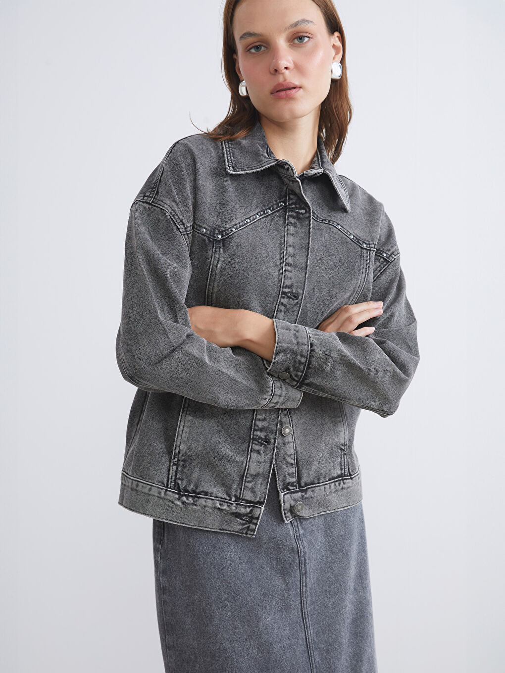 LCW Vision Shirt Collar Oversize Women's Denim Jacket -W53358Z8-GRD