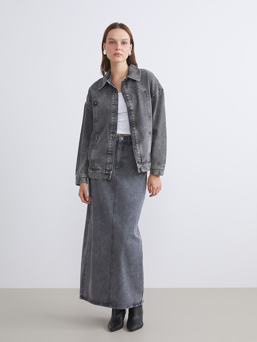 LCW Vision Shirt Collar Oversize Women's Denim Jacket -W53358Z8-GRD