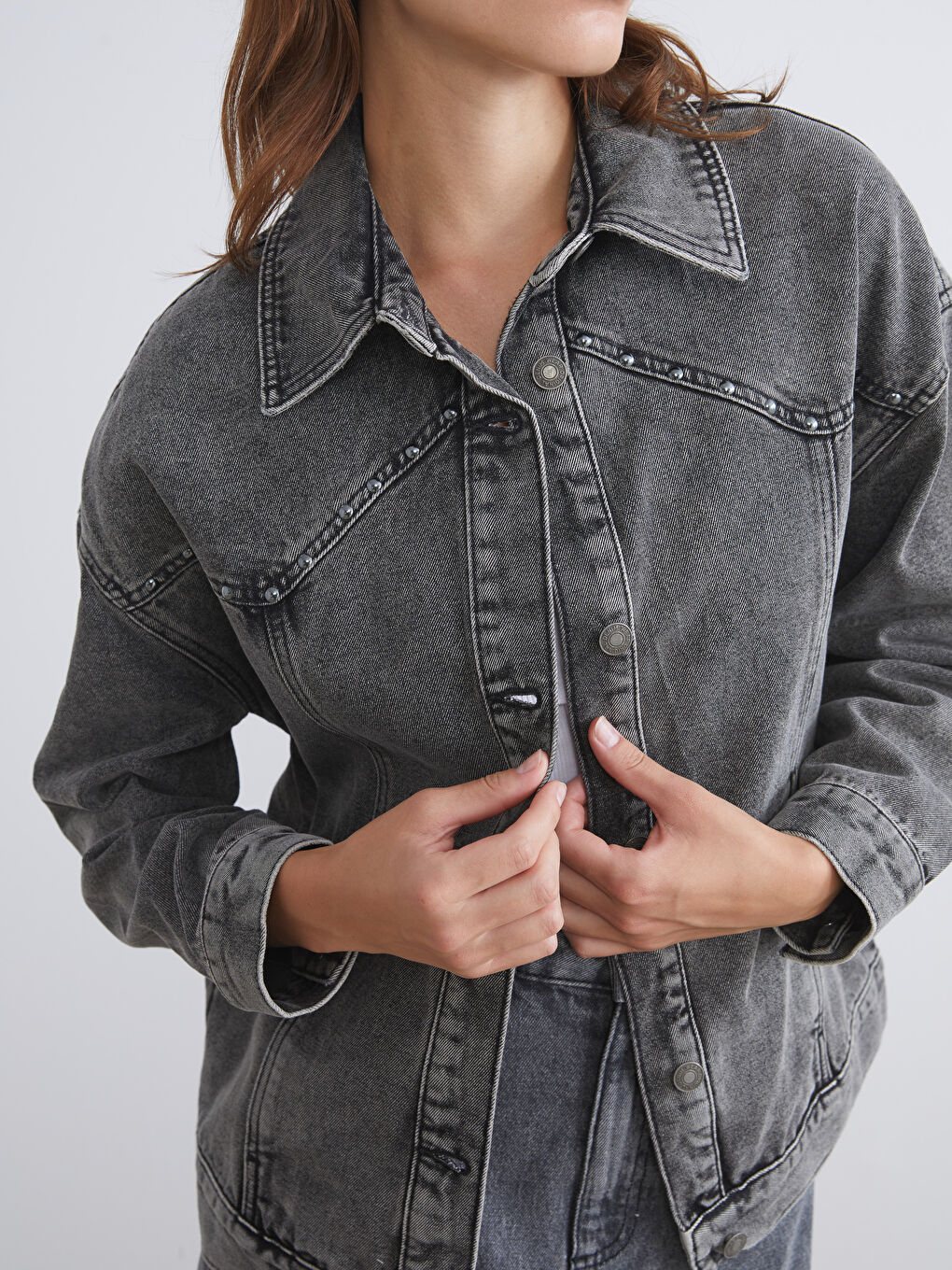 LCW Vision Shirt Collar Oversize Women's Denim Jacket -W53358Z8-GRD