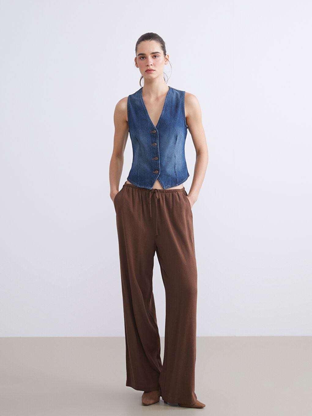 V Neck Women's Denim Waistcoat-1