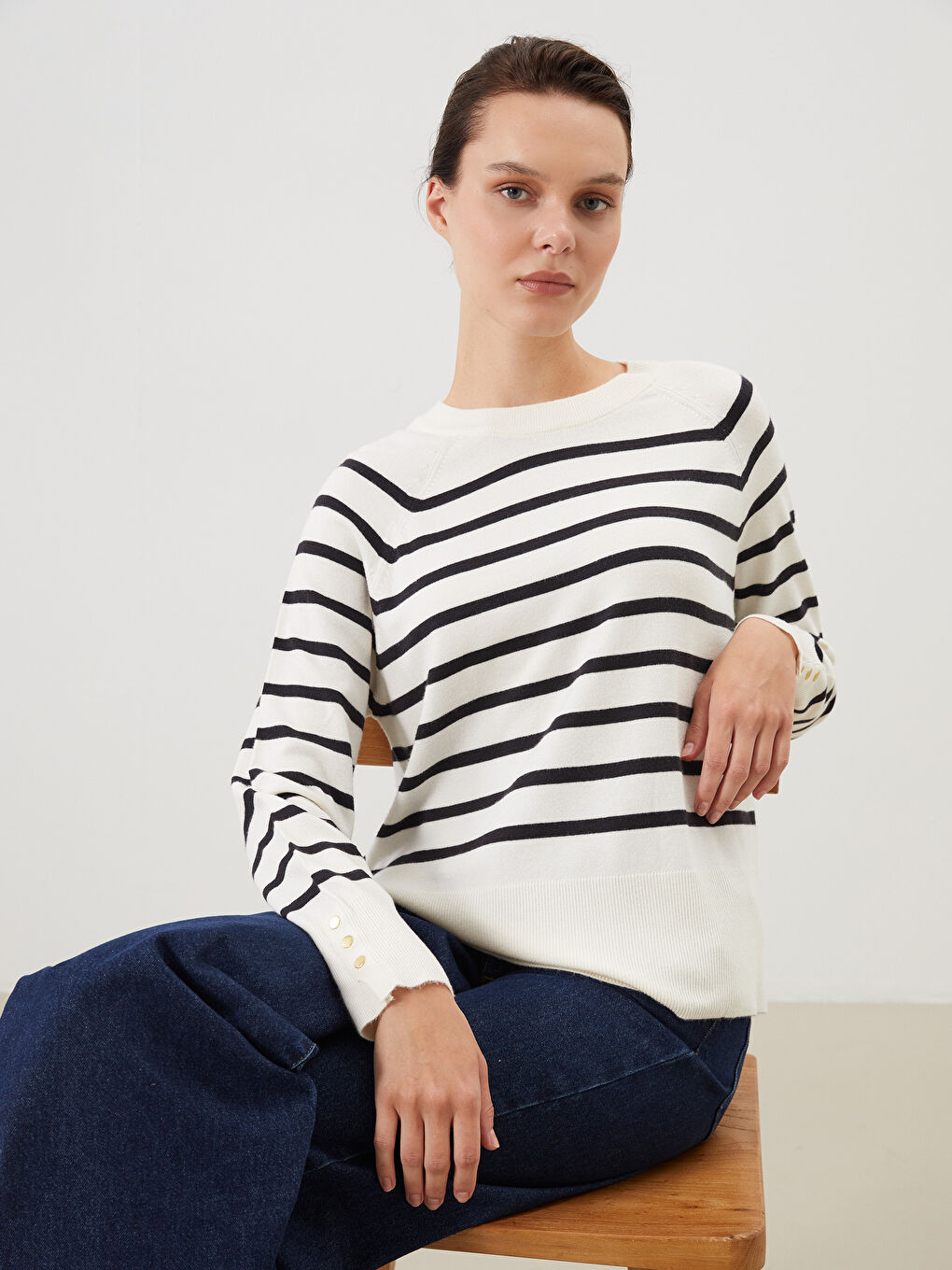LCW Comfort Crew Neck Striped Women's Sweater -W53372Z8-LEG