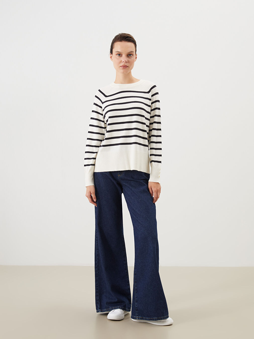 LCW Comfort Crew Neck Striped Women's Sweater -W53372Z8-LEG
