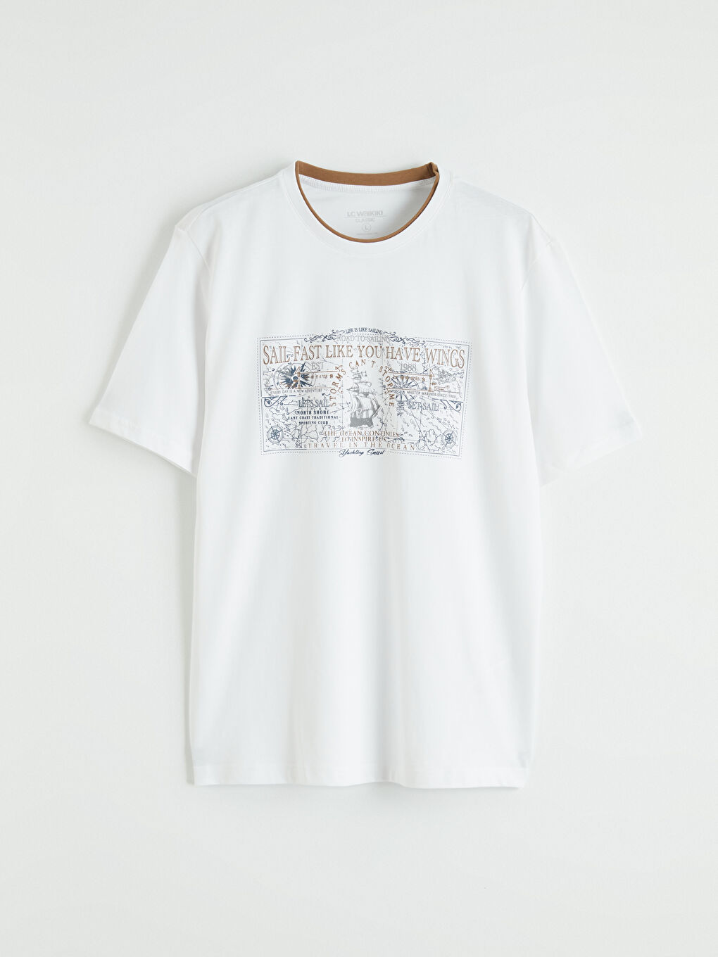 Beyaz Bisiklet Yaka Baskılı Penye Erkek Tişört