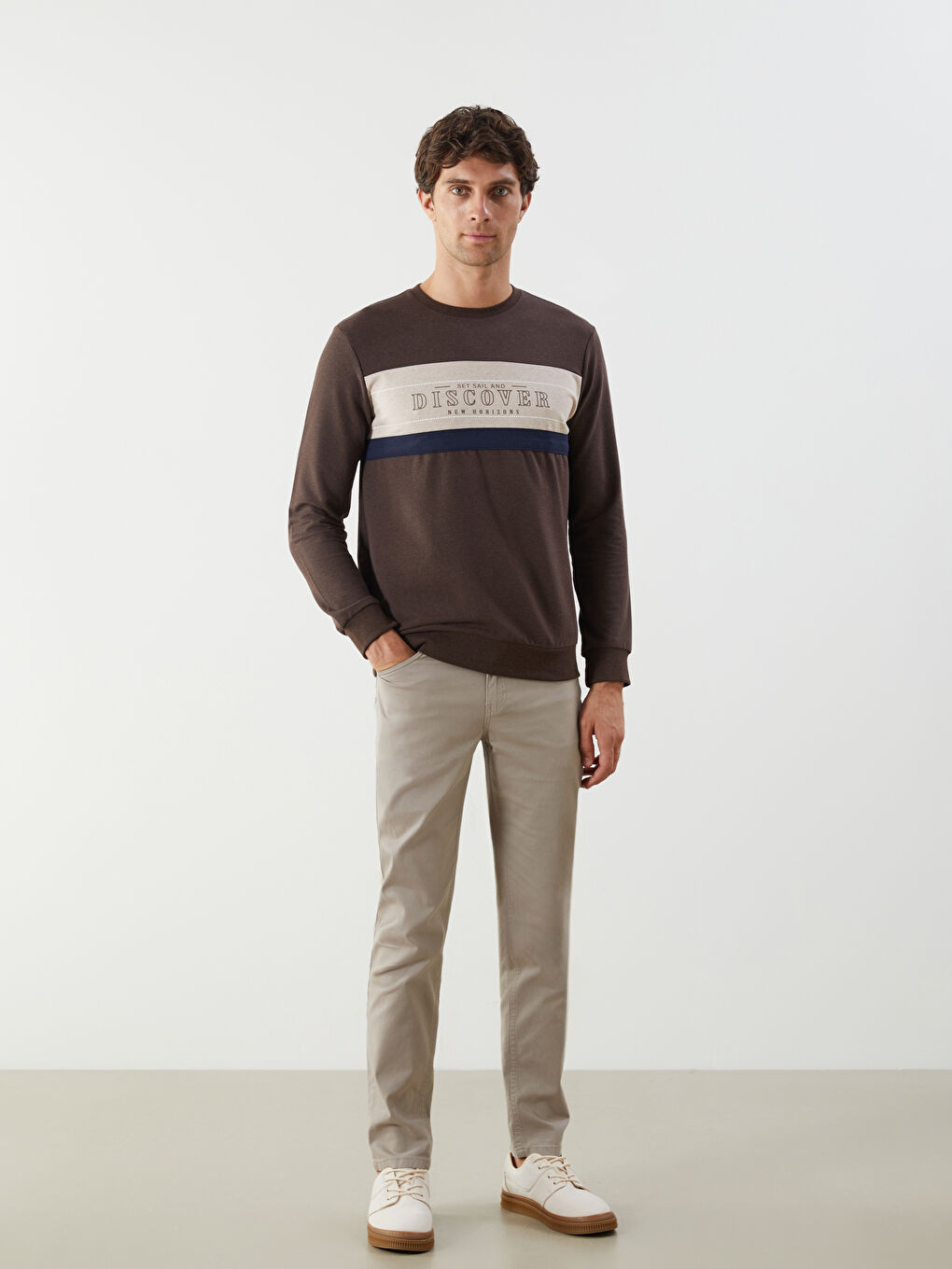 Kahverengi Bisiklet Yaka Uzun Kollu Baskılı Erkek Sweatshirt-1