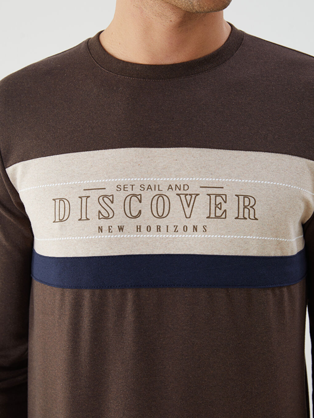 Kahverengi Bisiklet Yaka Uzun Kollu Baskılı Erkek Sweatshirt-2