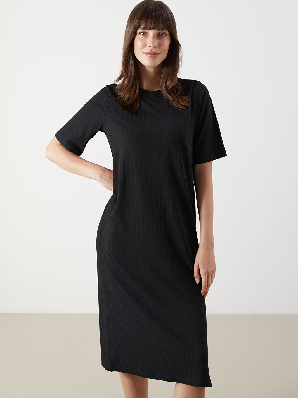 LCW Comfort Crew Neck Striped A-Line Dress -W53392Z8-CVL