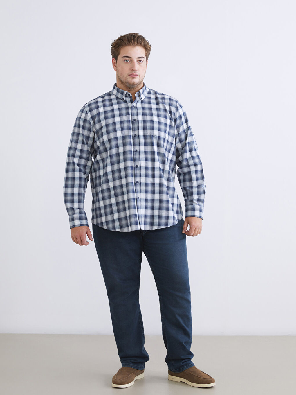 Regular Fit Long Sleeve Plaid Poplin Men's Shirt-5