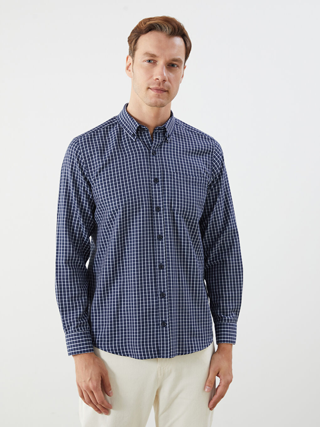 Lacivert Regular Fit Uzun Kollu Ekose Gabardin Erkek Gömlek