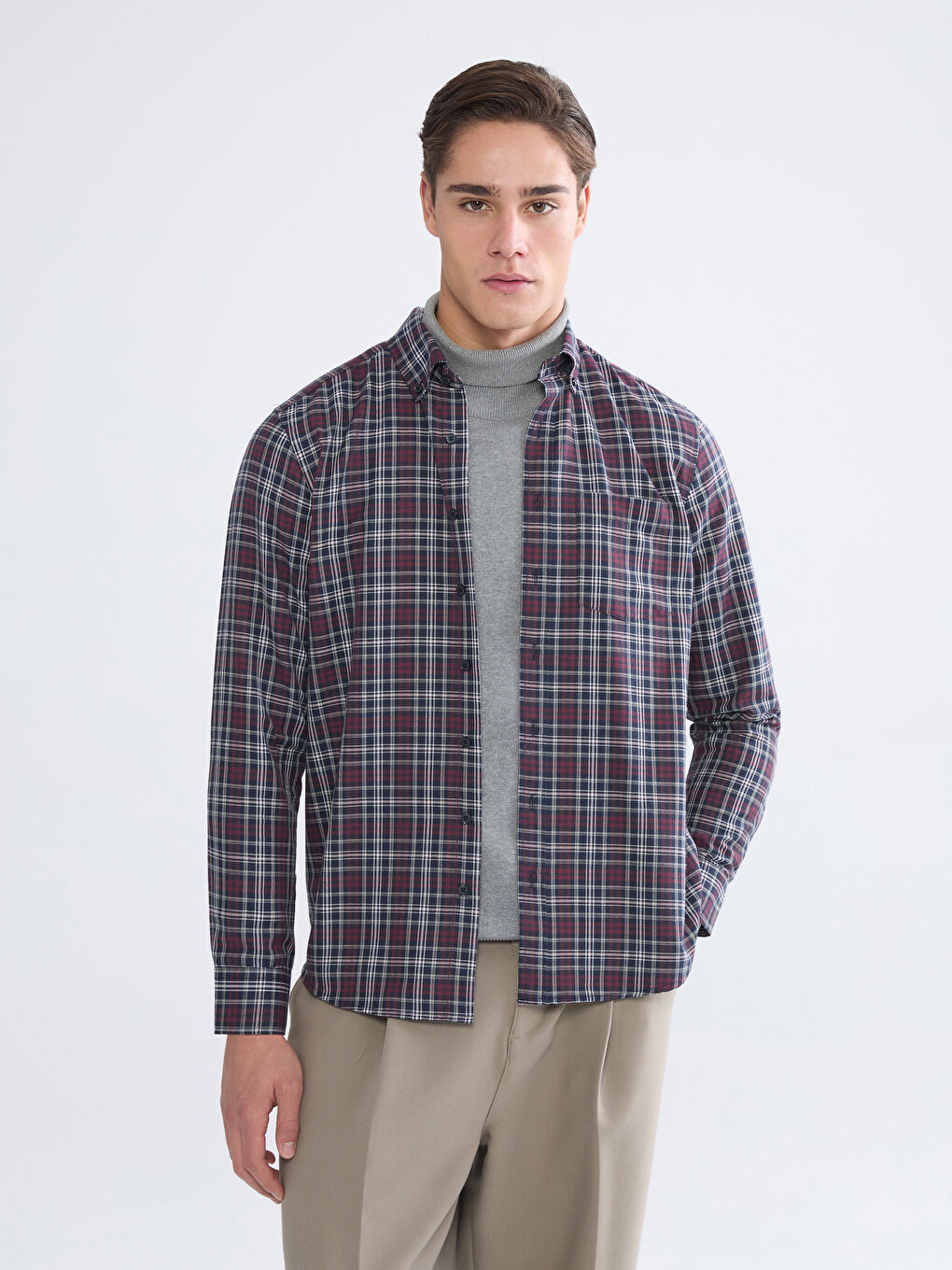 Bordo Regular Fit Uzun Kollu Ekose Erkek Gömlek