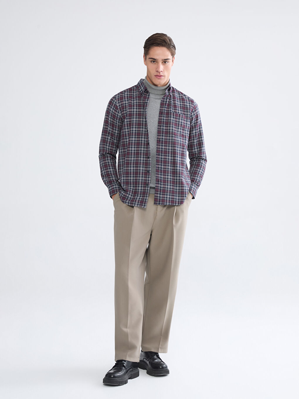 Bordo Regular Fit Uzun Kollu Ekose Erkek Gömlek-1