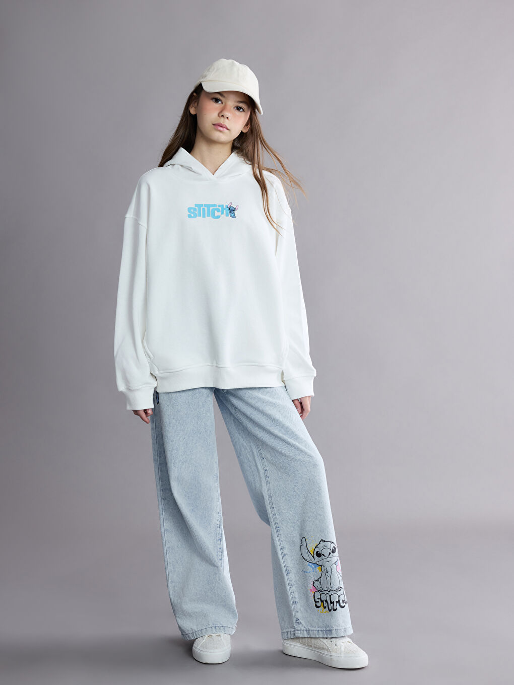 Wideleg Stitch Printed Girls' Jeans