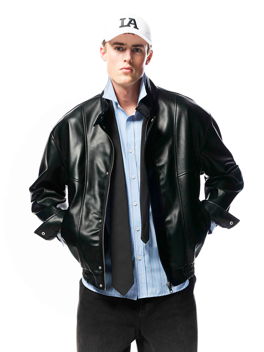 Siyah Rahat Kalıp Dik Yaka Erkek Deri Görünümlü Ceket-2