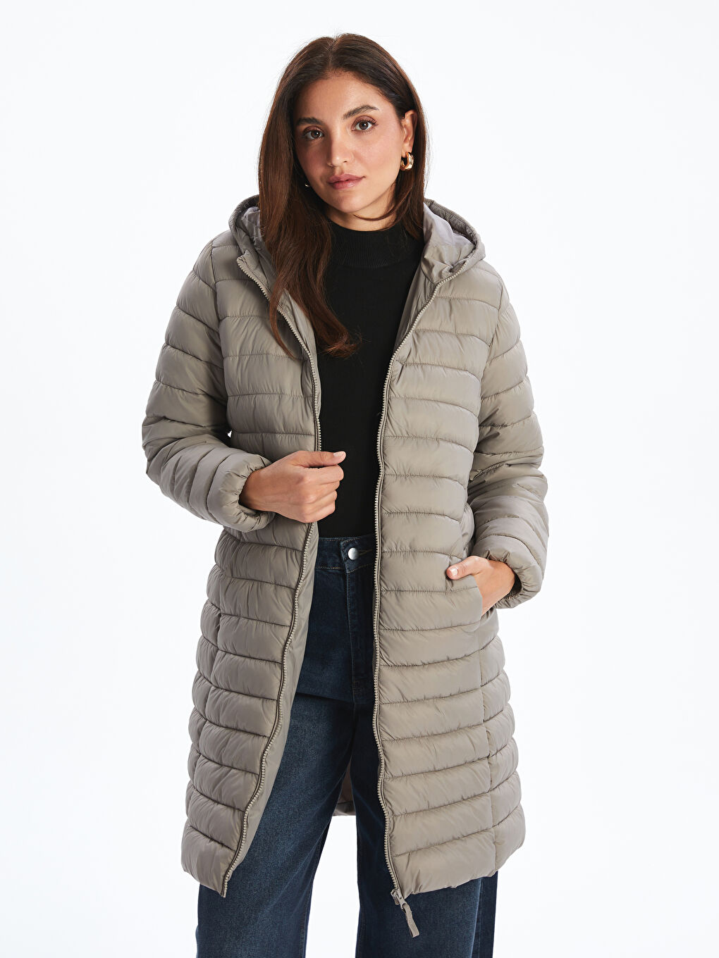 Kahverengi Kapüşonlu Kadın Şişme Mont