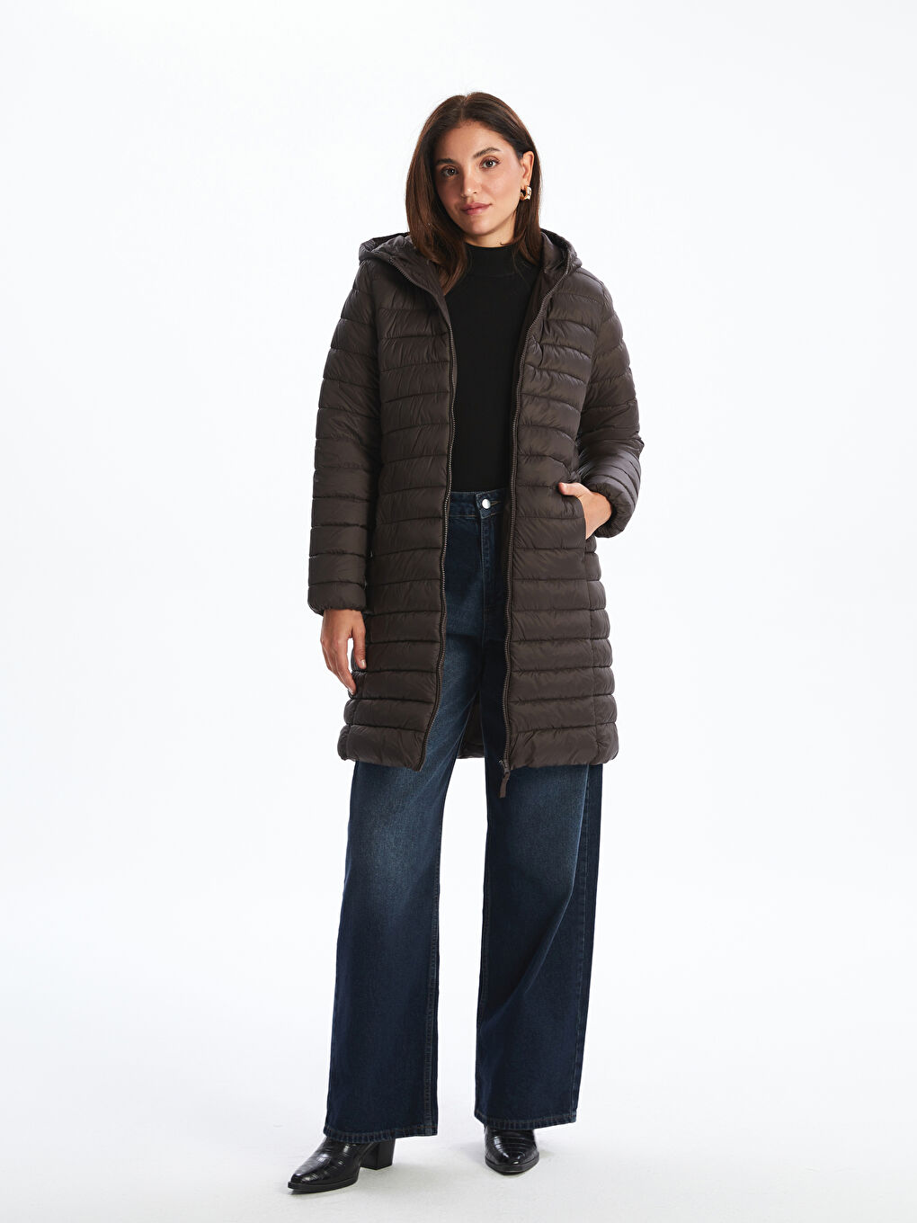 Kahverengi Kapüşonlu Kadın Şişme Mont-2