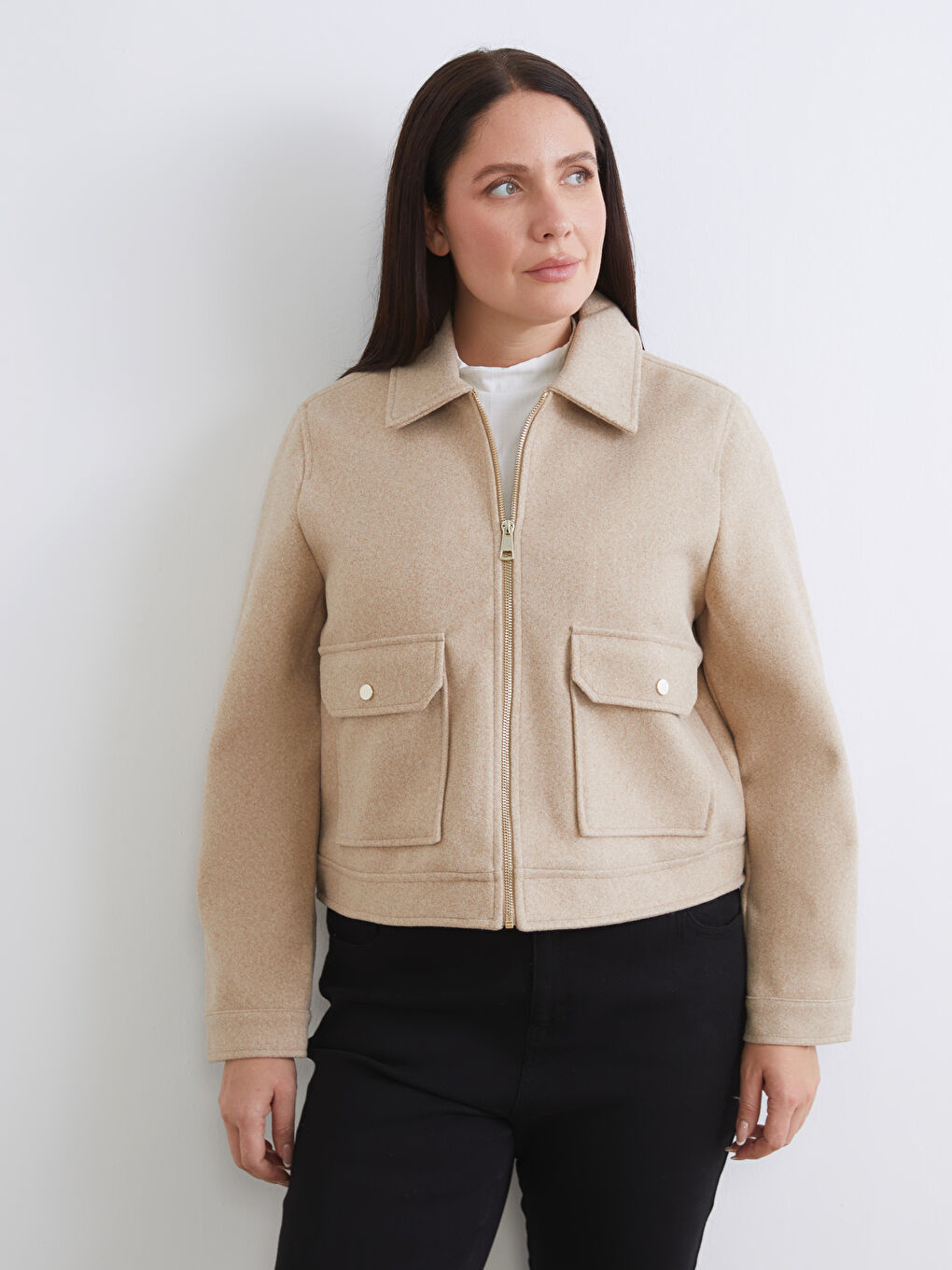 Bej Gömlek Yaka Kadın Kaşe Ceket-1
