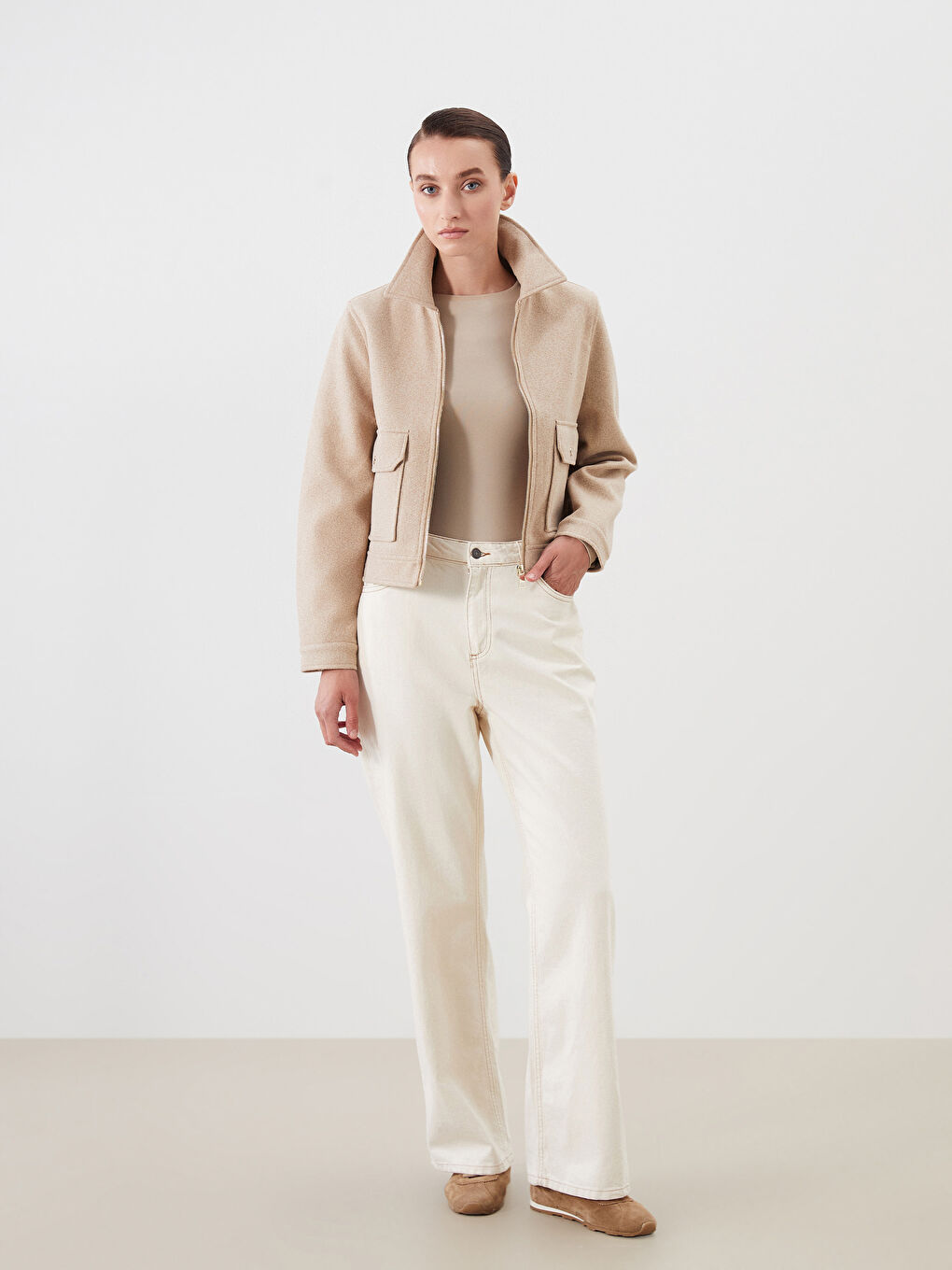 Bej Gömlek Yaka Kadın Kaşe Ceket-2