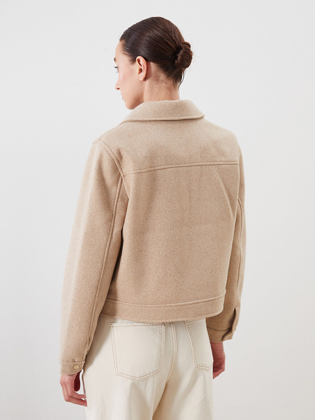 Bej Gömlek Yaka Kadın Kaşe Ceket-5