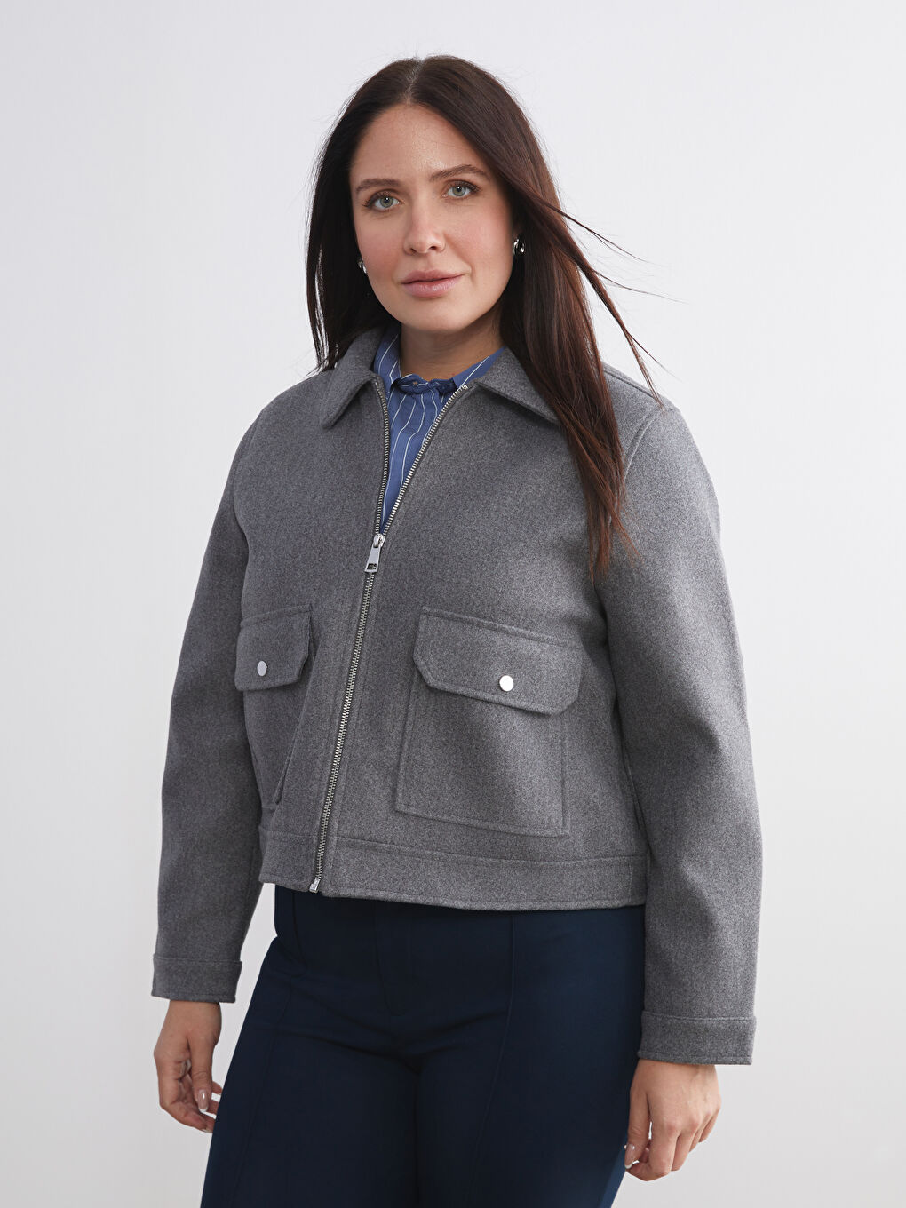 Gri Gömlek Yaka Kadın Kaşe Ceket-1