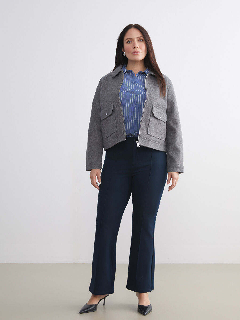 Gri Gömlek Yaka Kadın Kaşe Ceket-6