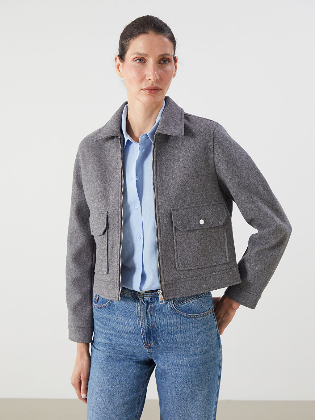 Gri Gömlek Yaka Kadın Kaşe Ceket