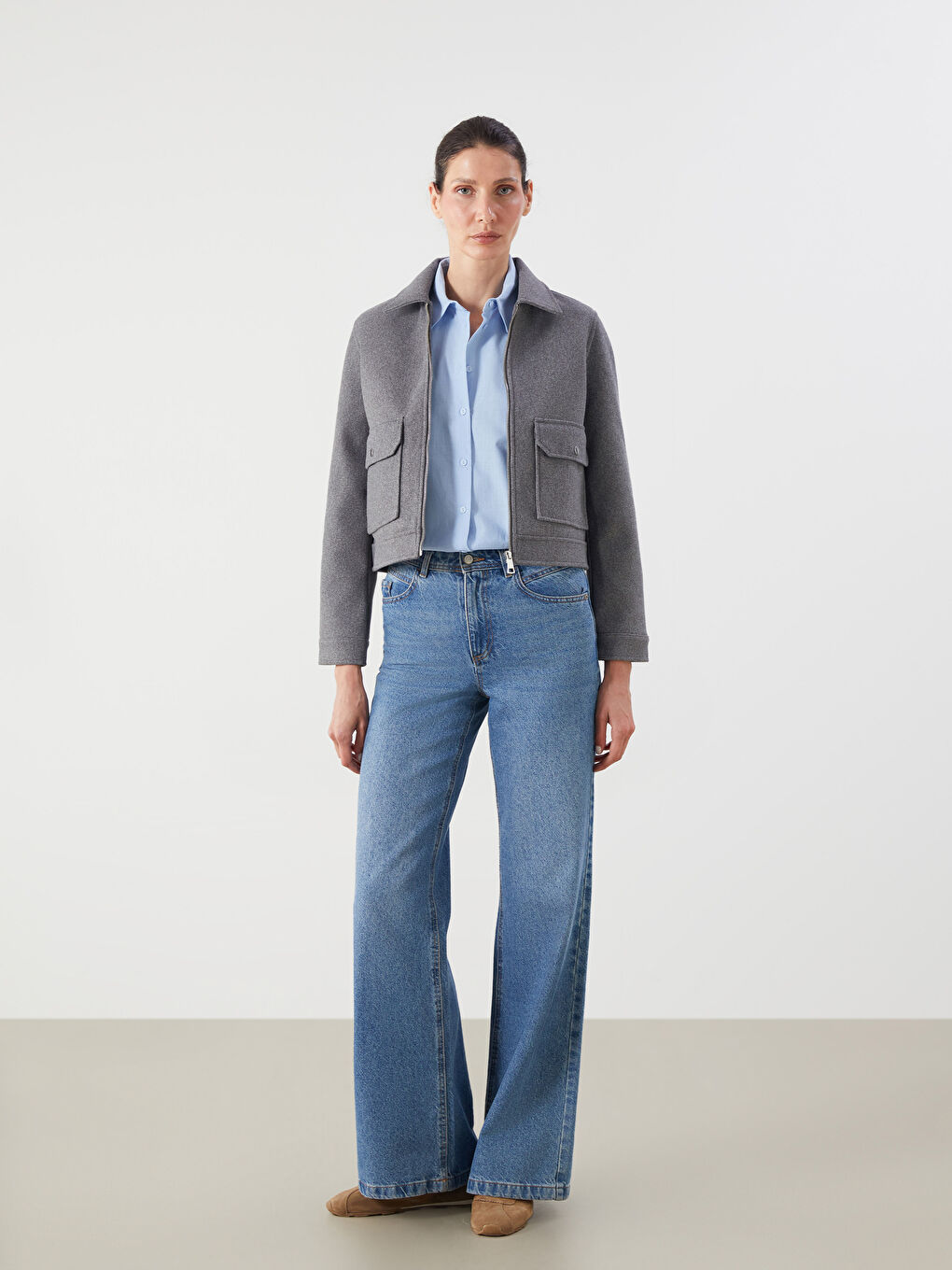 Gri Gömlek Yaka Kadın Kaşe Ceket-2