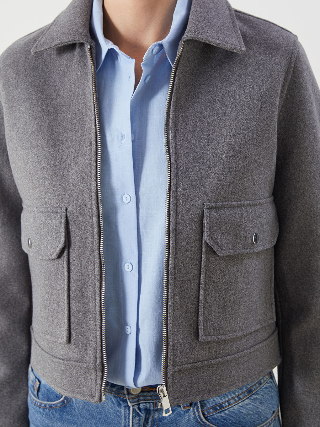 Gri Gömlek Yaka Kadın Kaşe Ceket-3