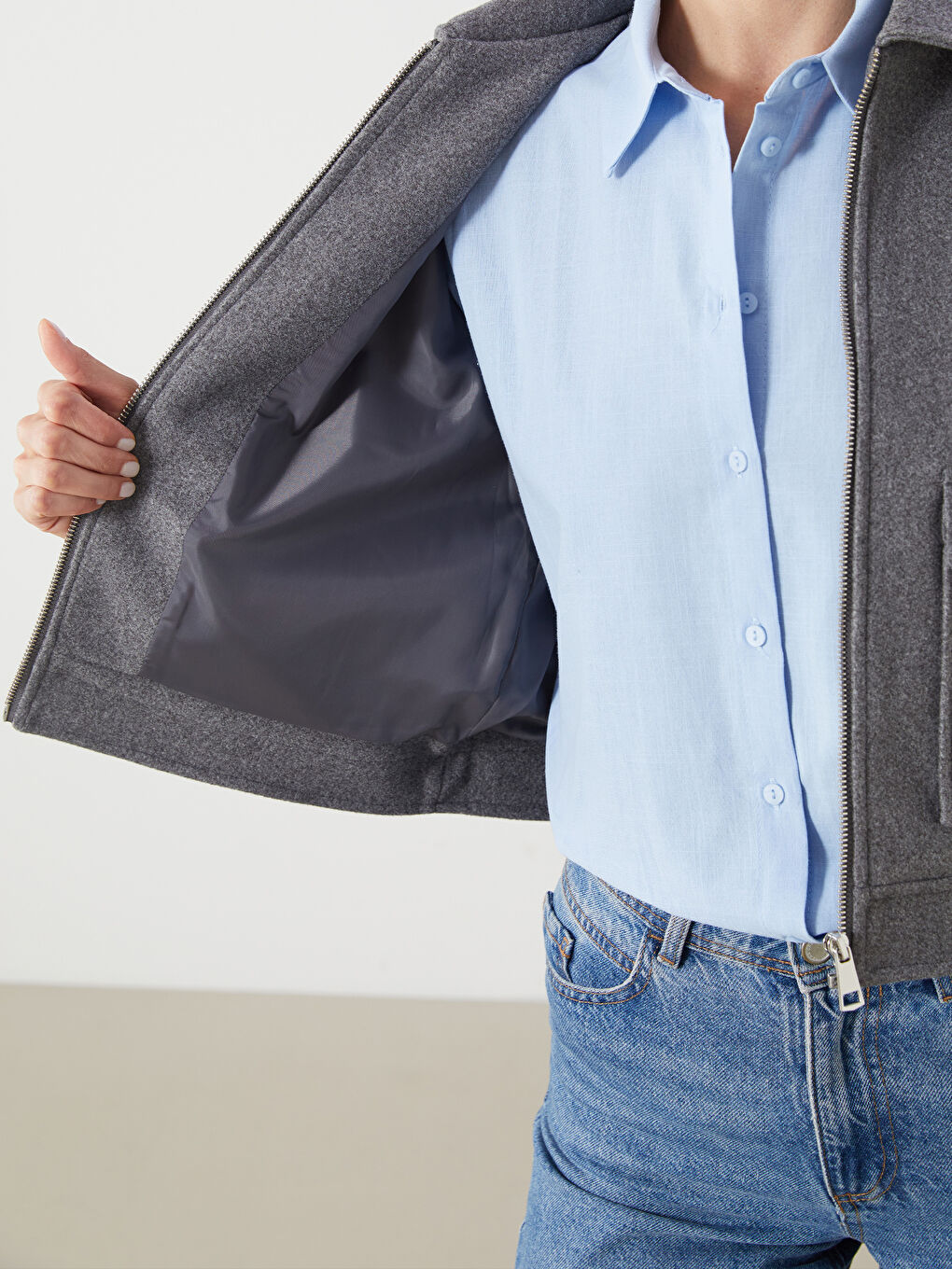 Gri Gömlek Yaka Kadın Kaşe Ceket-4