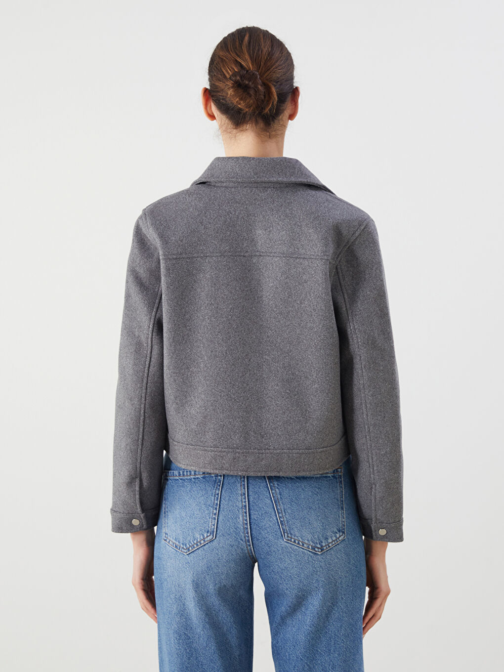 Gri Gömlek Yaka Kadın Kaşe Ceket-5