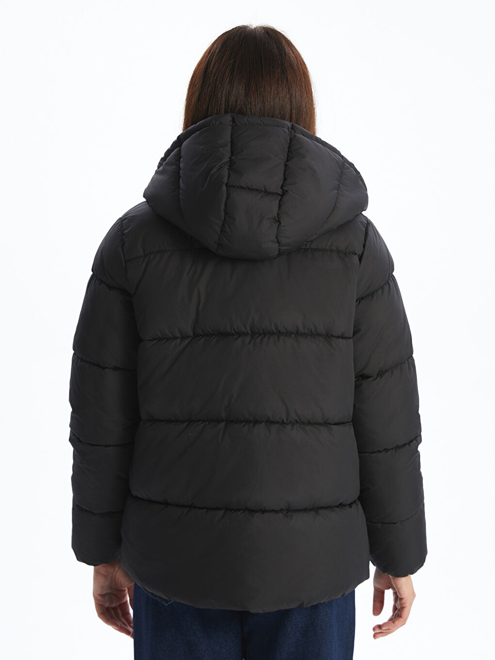 Siyah Kapüşonlu Kadın Şişme Mont-4