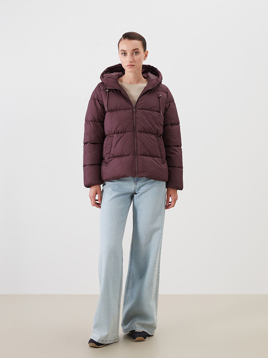 Mürdüm Kapüşonlu Kadın Şişme Mont-1