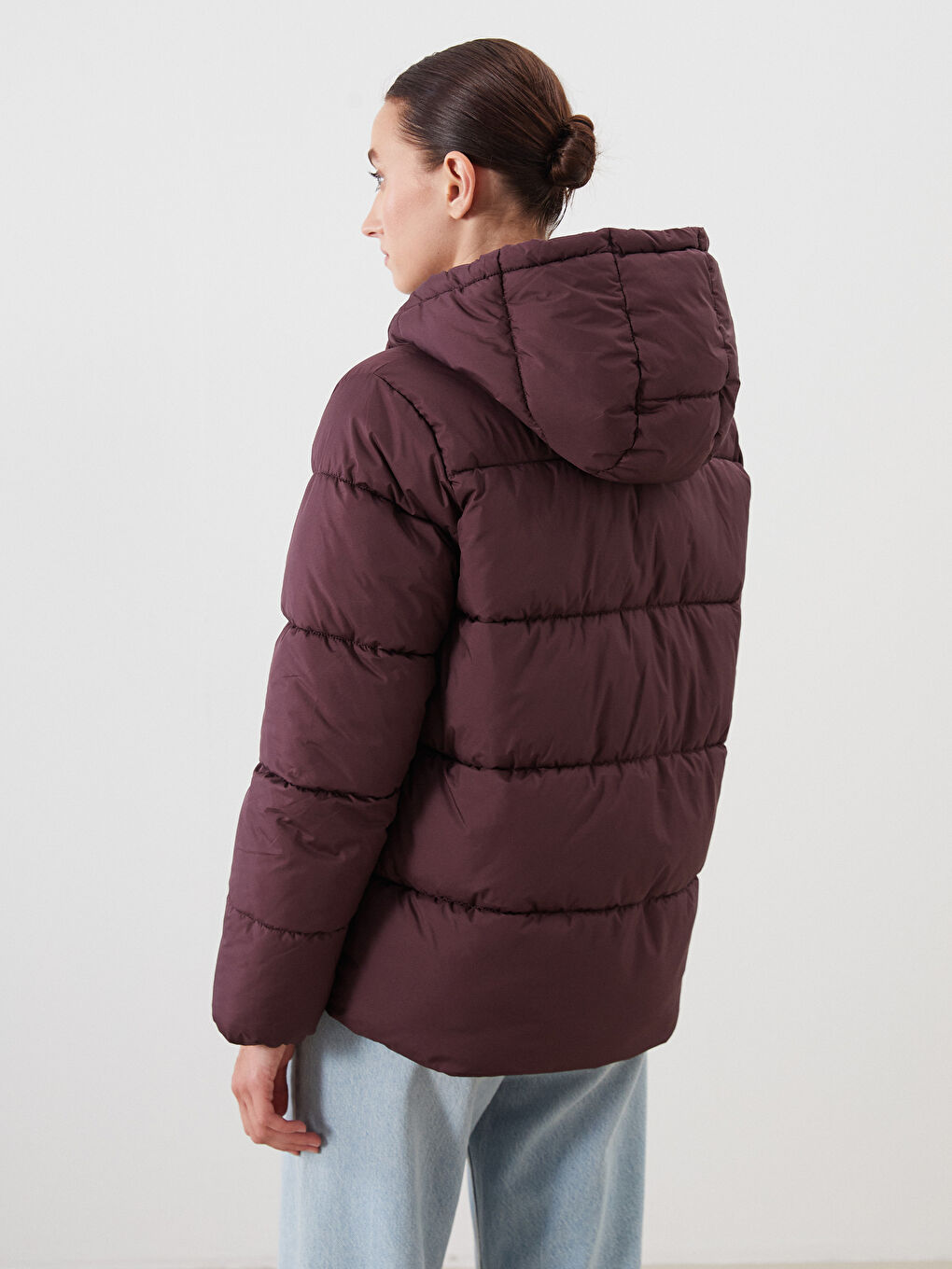 Mürdüm Kapüşonlu Kadın Şişme Mont-4