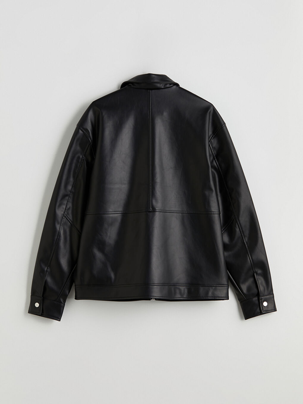 Siyah Rahat Kalıp Gömlek Yaka Erkek Deri Görünümlü Ceket-7