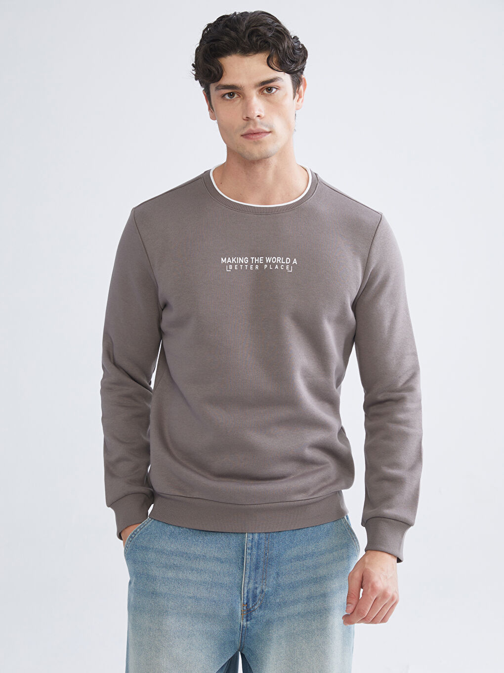 Crew Neck Printed Men's Thick Sweatshirt