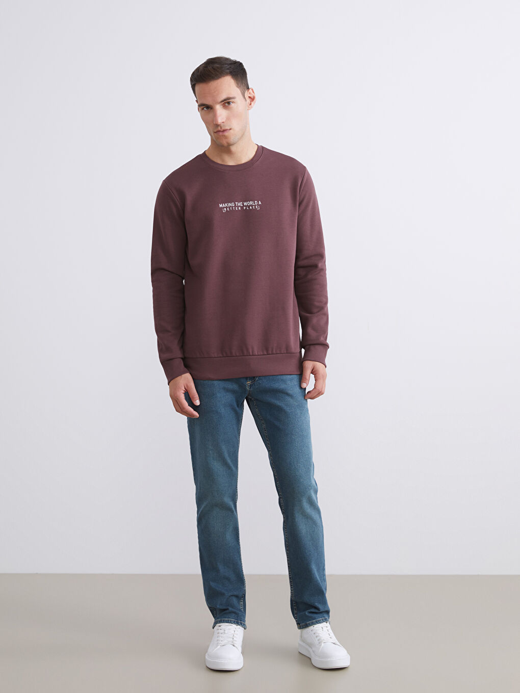 Mürdüm Bisiklet Yaka Baskılı Erkek Kalın Sweatshirt-1