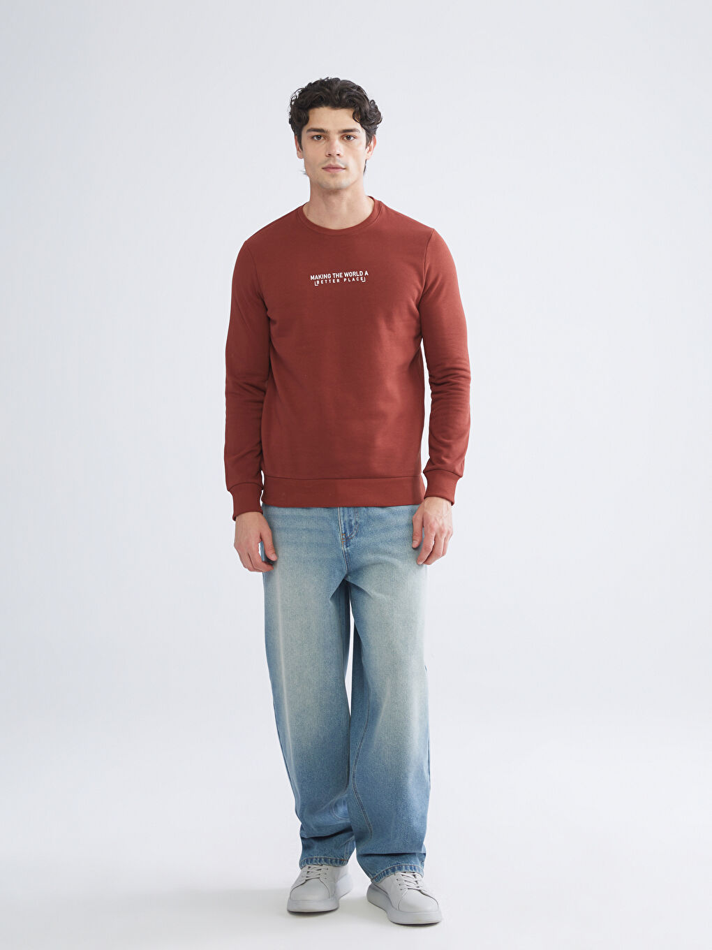 Turuncu Bisiklet Yaka Baskılı Erkek Kalın Sweatshirt-1