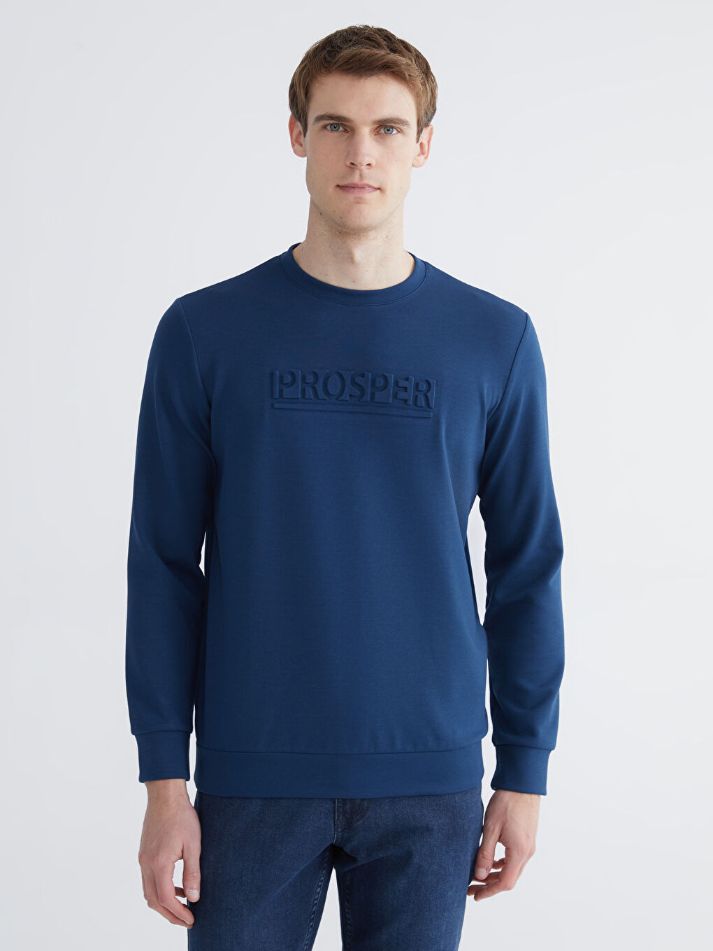 Lacivert Bisiklet Yaka Baskılı Erkek Sweatshirt