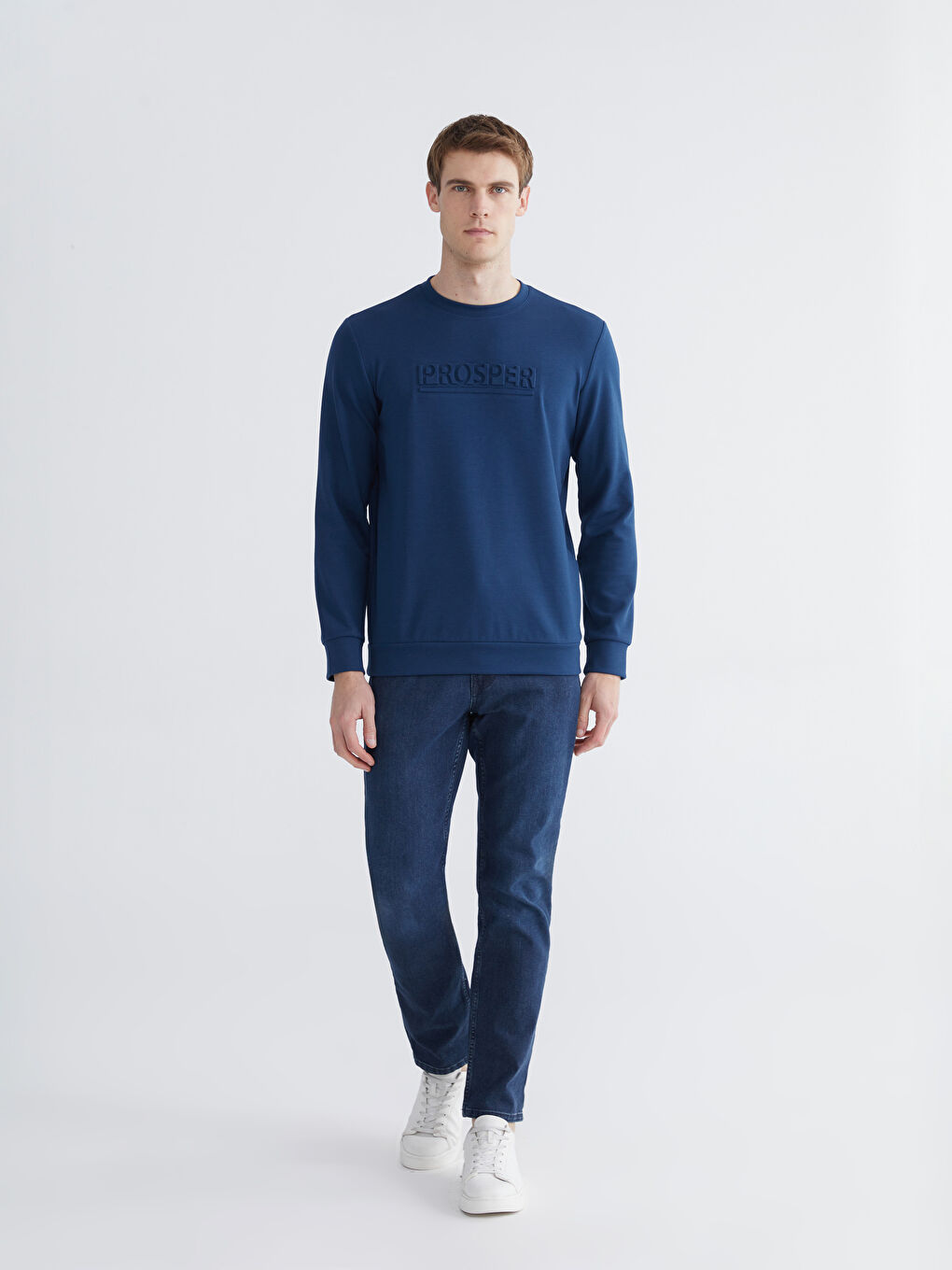 Lacivert Bisiklet Yaka Baskılı Erkek Sweatshirt-1