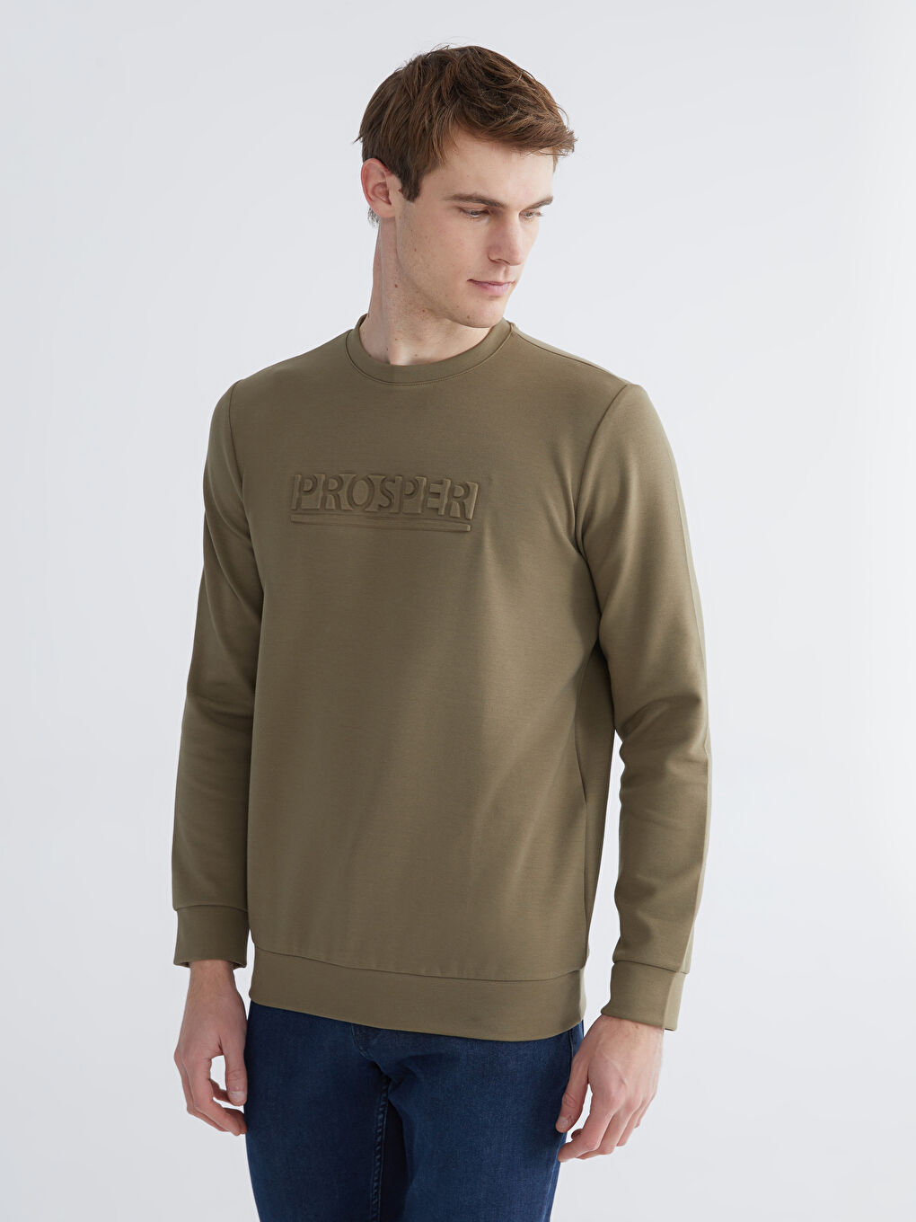 Haki Bisiklet Yaka Baskılı Erkek Sweatshirt