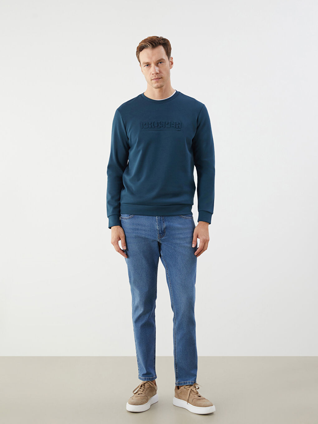 Petrol Bisiklet Yaka Baskılı Erkek Sweatshirt-1