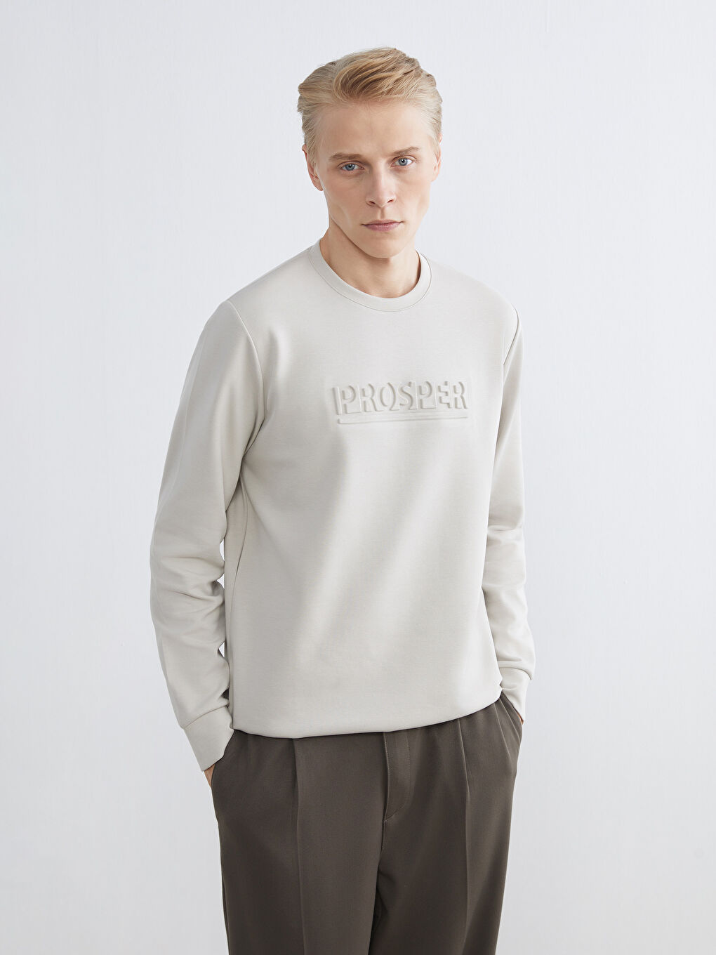 Bej Bisiklet Yaka Baskılı Erkek Sweatshirt