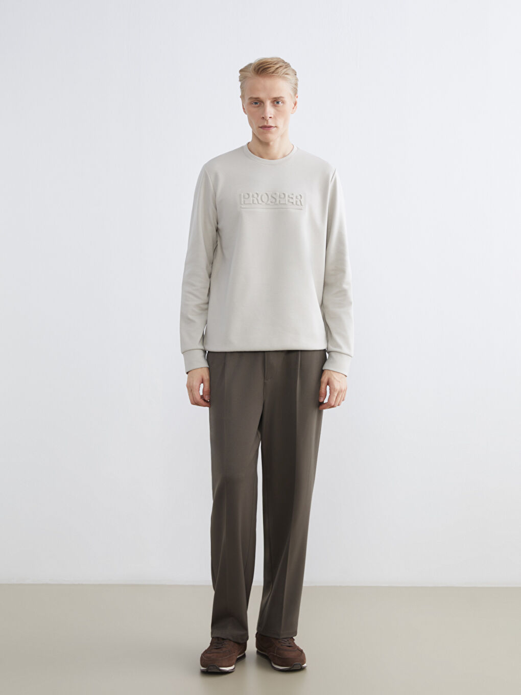 Bej Bisiklet Yaka Baskılı Erkek Sweatshirt-1